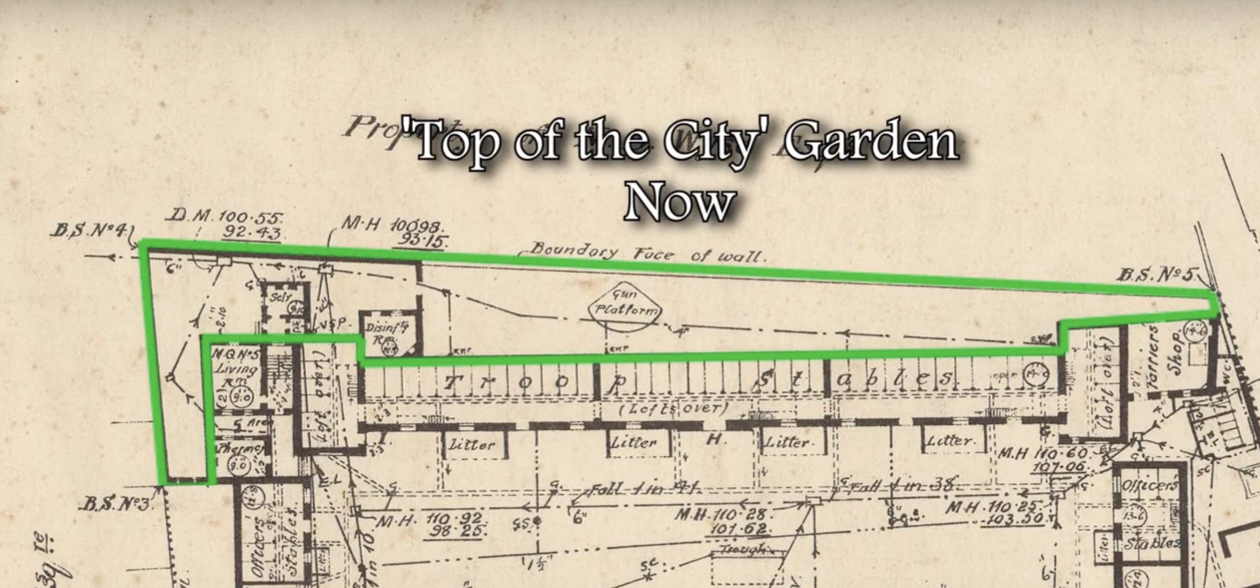 Map sketch of the old Artillery Barracks in Waterford, overlaid with a green outline showing where Top of the City Garden is located today.